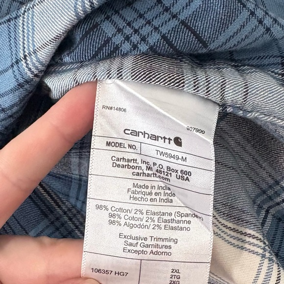 Carhartt Men’s 2XL Blue Plaid Relaxed Fit Button Up Shirt Workwear Utility - Picture 6 of 7